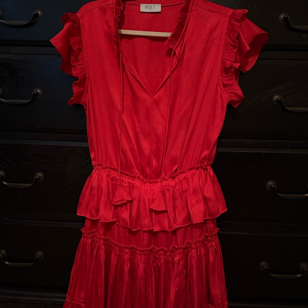 Red Ruffle V-Neck Mini Dress - Picture 2 of 5